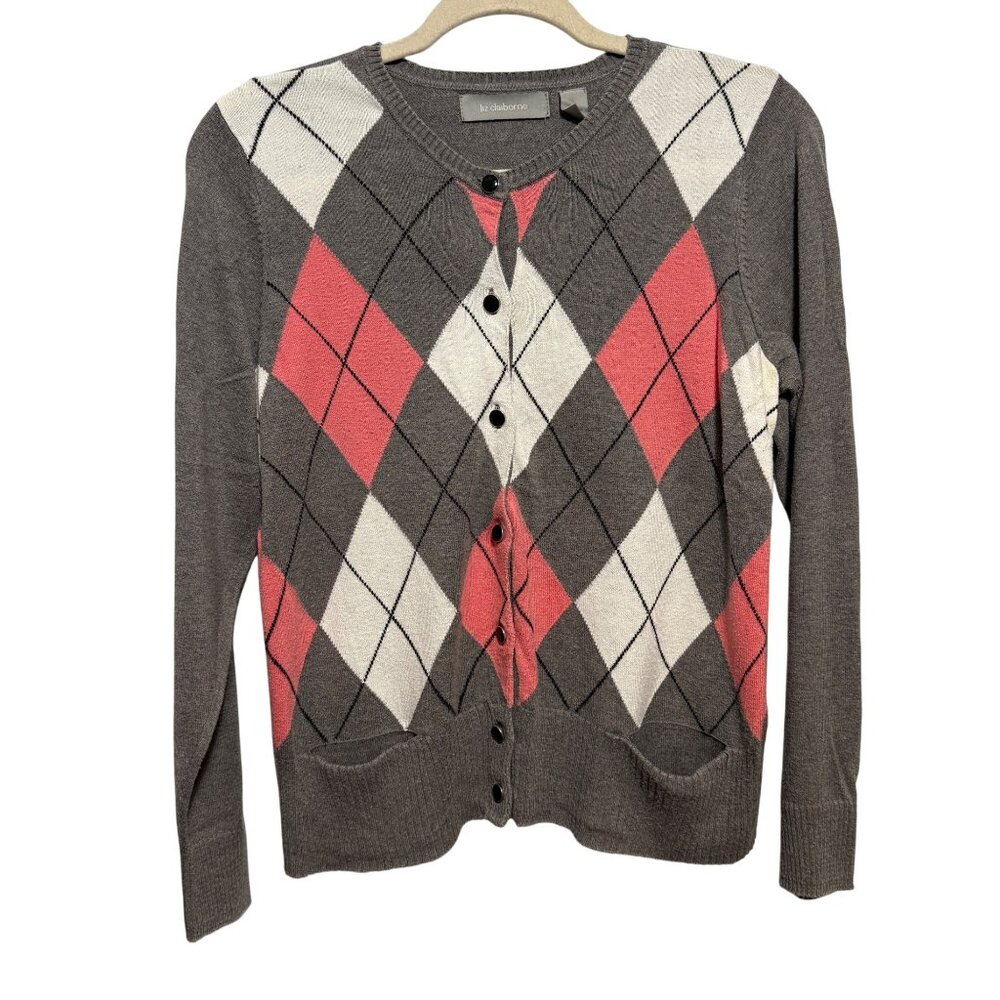 Liz Claiborne Womens Argyle Cardigan Sweater L Gray/Pink Wool Blend Button Front